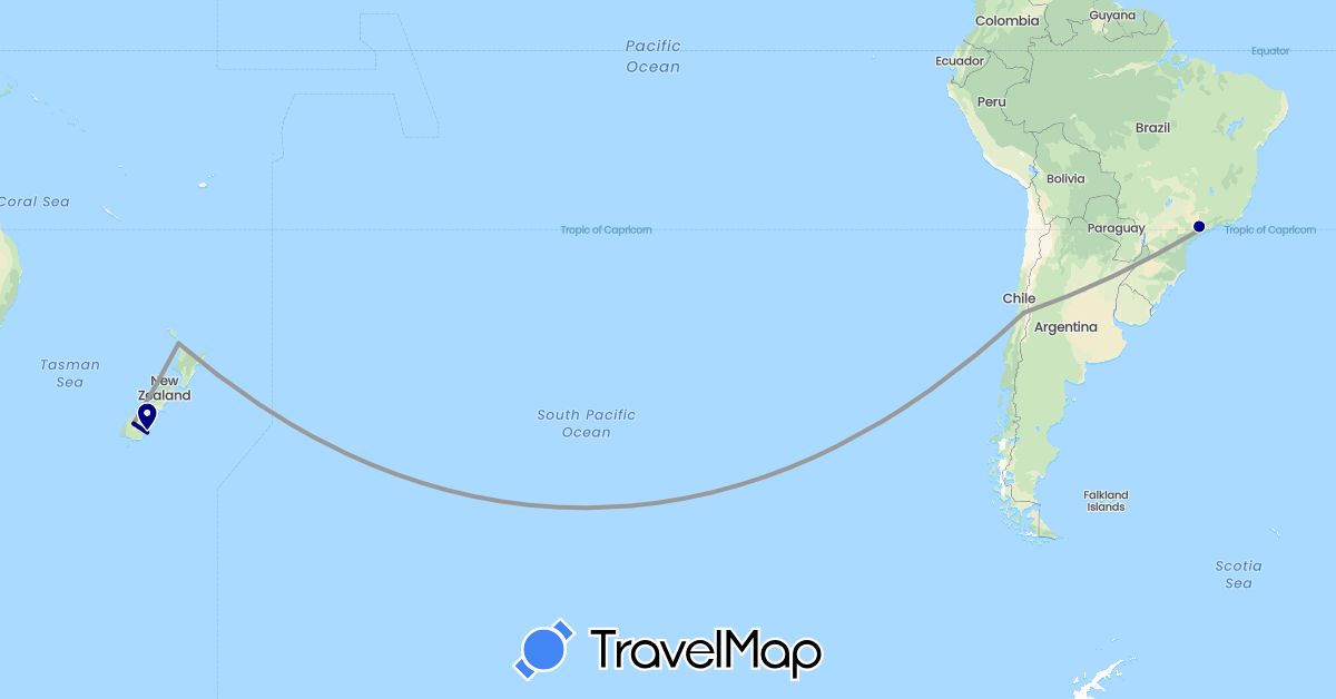 TravelMap itinerary: driving, plane in Brazil, Chile, New Zealand (Oceania, South America)